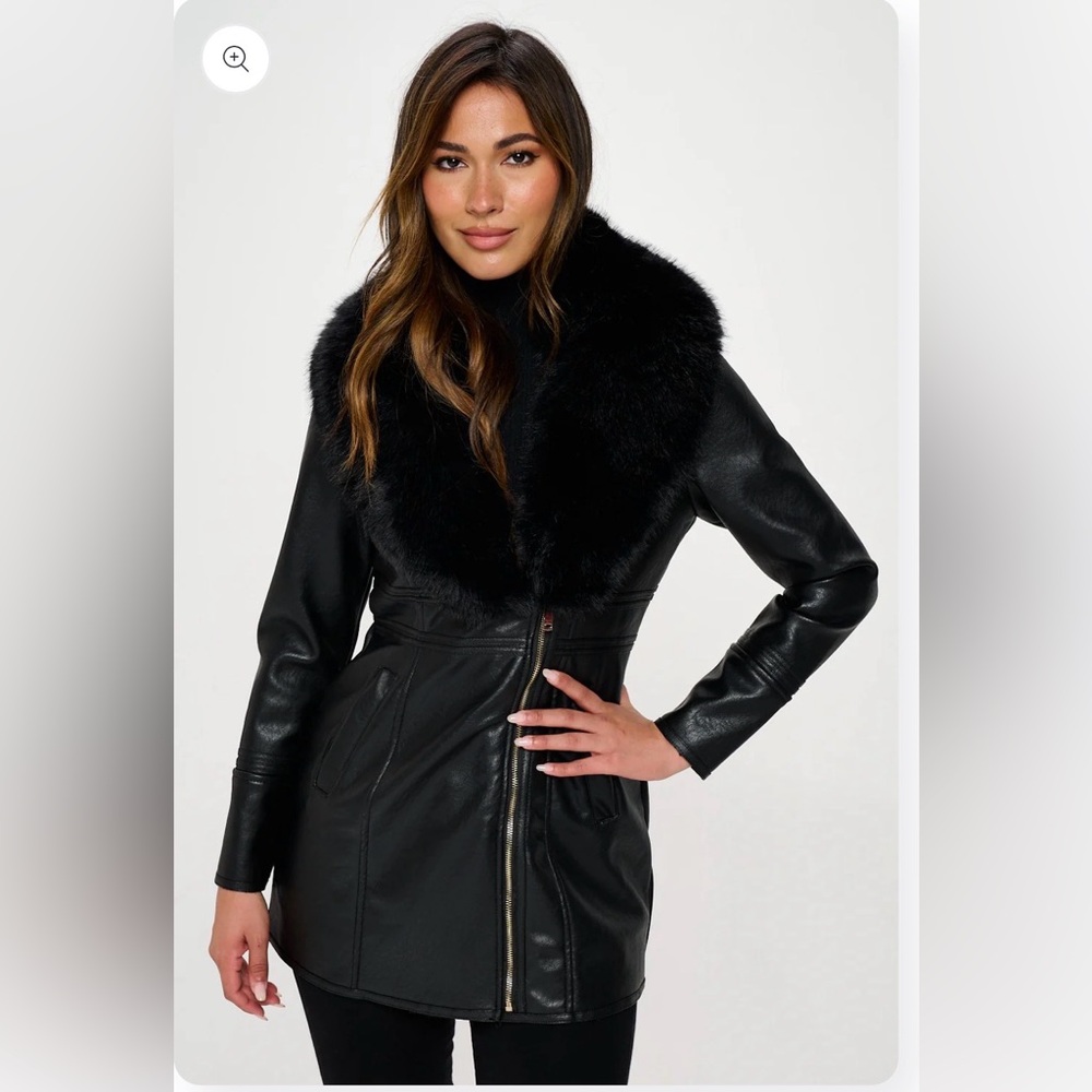 Black faux Leather Jacket with removable faux  Fur Trim